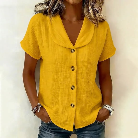 QUNYINEY Women's Button Down Shirts Short Sleeve Summer Yellow Gauze Blouse Casual Collared Relaxed Fit Tops
