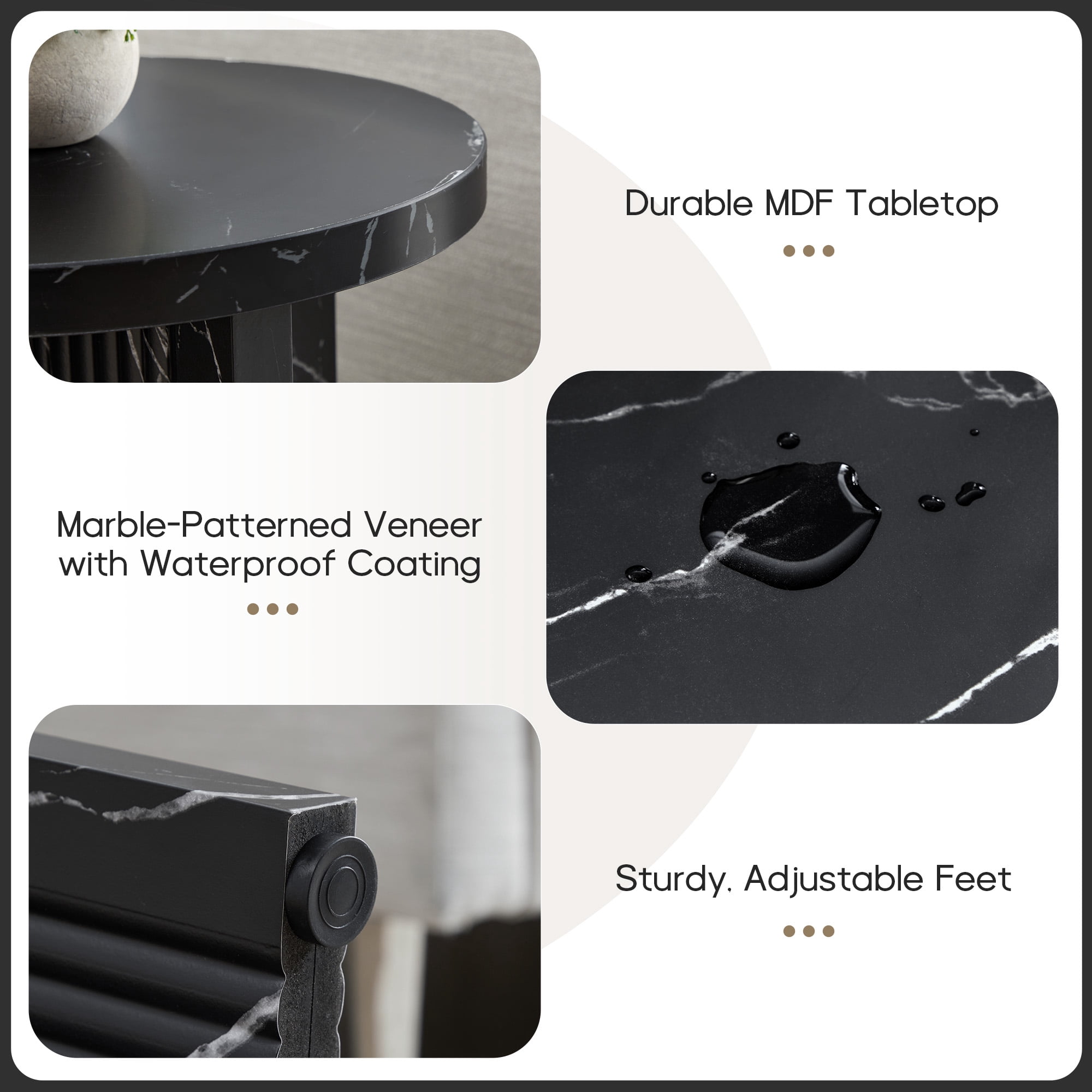 YOCWO Round Small End Tables for Living Room with Wave Base, Mordern MDF Side Table for Bedroom Small Space with Marble Veneer Finish, Black