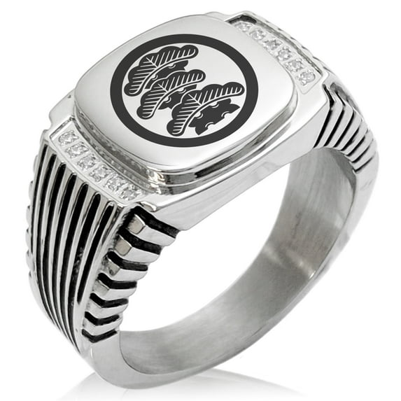 Stainless Steel Three-Tiered Pine Kamon Crest CZ Ribbed Needle Stripe Pattern Biker Style Polished Ring