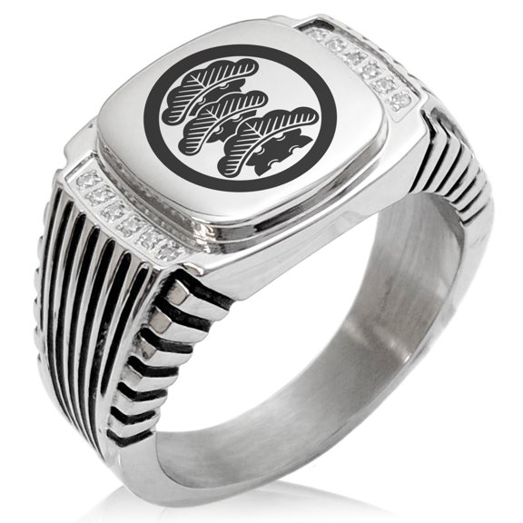 Stainless Steel Three-Tiered Pine Kamon Crest CZ Ribbed Needle Stripe Pattern Biker Style Polished Ring