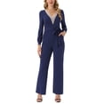 thumbnail image 1 of INSPIRAR CHIC Mono de Manga Larga con Cuello en V para Mujeres con Cinturón, Ajustado, Pierna Ancha, Pantalón Enterizo con Bolsillos XL Azul Marino, 1 of 5