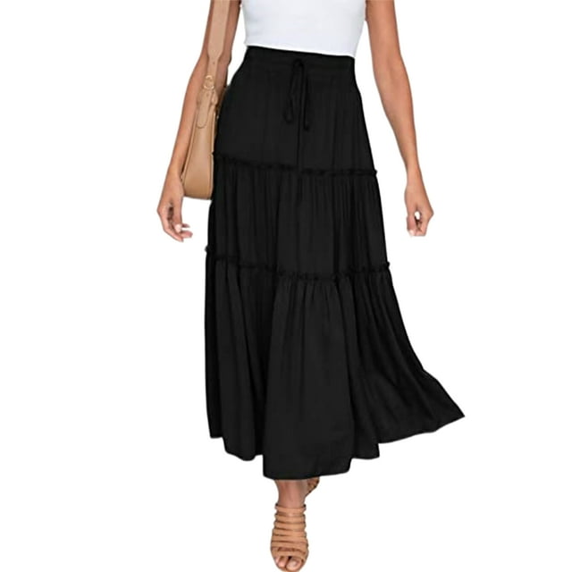 LUXUR Women Skirts Swing Midi Skirt Ruffle Flowy High Waist Black S
