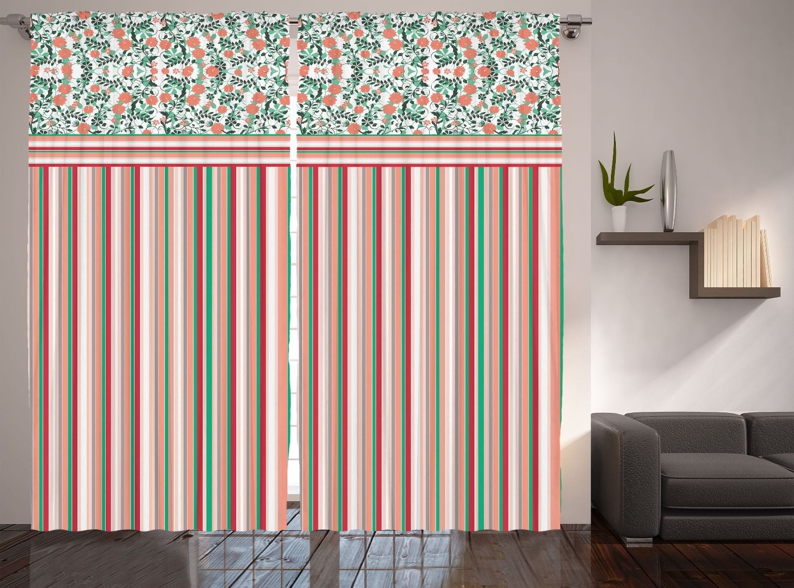 Striped Curtains Floral Leaves Colorful for Bedroom Living Room Curtain