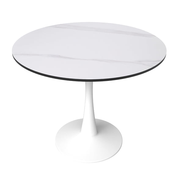 LeisureMod Round Dining Table Modern 31" Sintered Stone Tabletop with White Steel Pedestal Base for Kitchen and Living Room Bristol Series in White