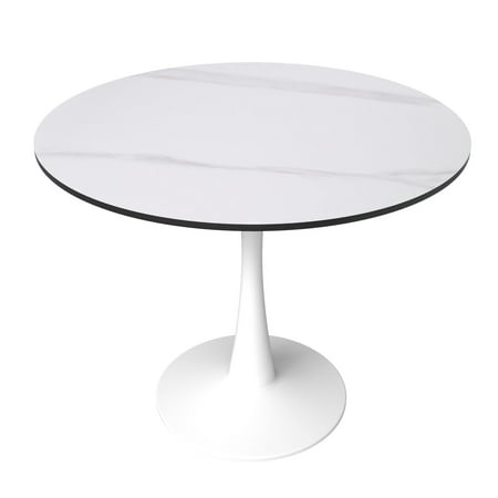 LeisureMod Round Dining Table Modern 31 Sintered Stone Tabletop with White Steel Pedestal Base for Kitchen and Living Room Bristol Series in White