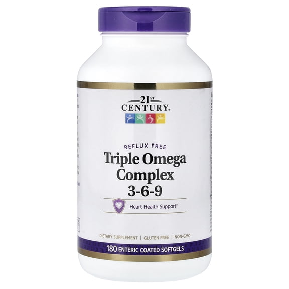 21st Century Enteric Coated Triple Omega Complex, Omega-3-6-9, Reflux-free, 180 Count