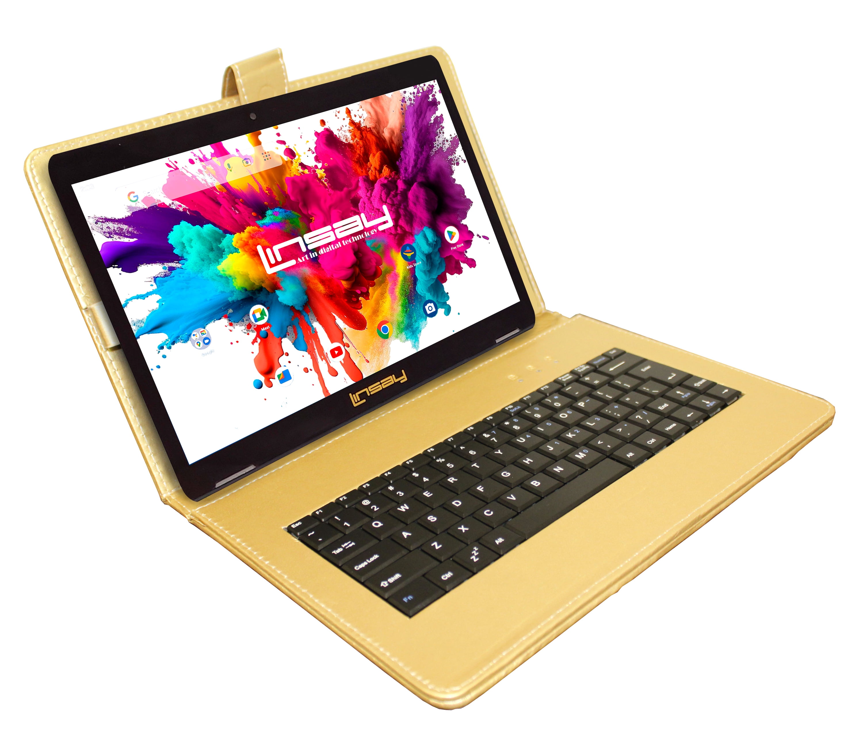 LINSAY 10.1" Octa Core 4GB RAM 128GB Storage Android 13 Tablet with keyboard Golden Leather Keyboard