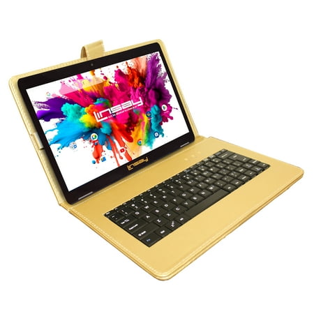 LINSAY - 10.1" Tablet, Leather Case, Keyboard, Stylus, and Tablet Pop Holder Bundle - 32GB - Gold