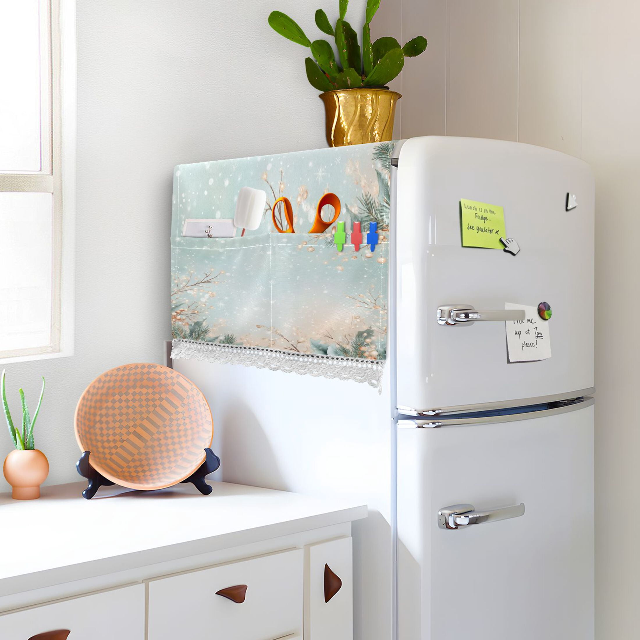 Winter Themed PatternWasher and Dryer Covers Dust-Proof and Oil Resistant Fridge Cover with 4 Storage Pockets Washing Machine Top Cover for Laundry Kitchen Home 51.2 x 22 In