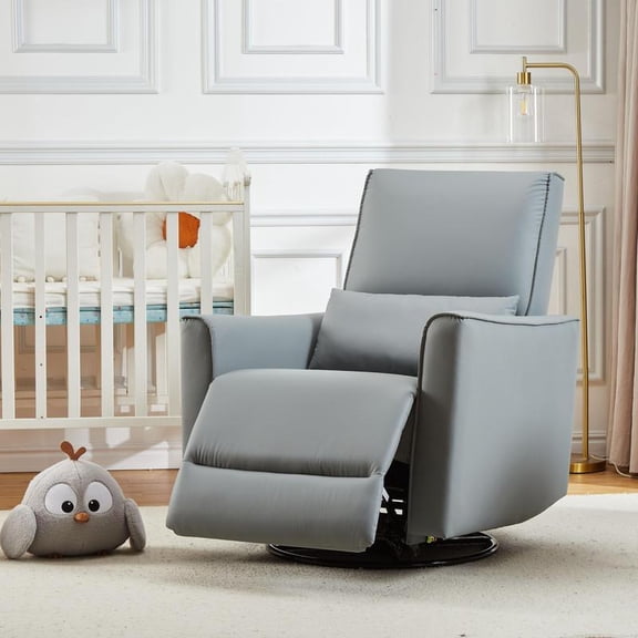 Swivel Rocking Recliner Chair Manual Glider with Lumbar Support Faux Leather Upholstery Modern Design for for Nursery, Living Room, Bedroom & Home Movie Theater (Gray)