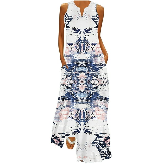 Staron Robes d'Été Bleues pour Femmes Robes à Col en V Robe Ample Sans Manches Sortie de Plage Fluide Boho Maxi Longues Robes Robe de Plage pour Vacances avec Poches TTG