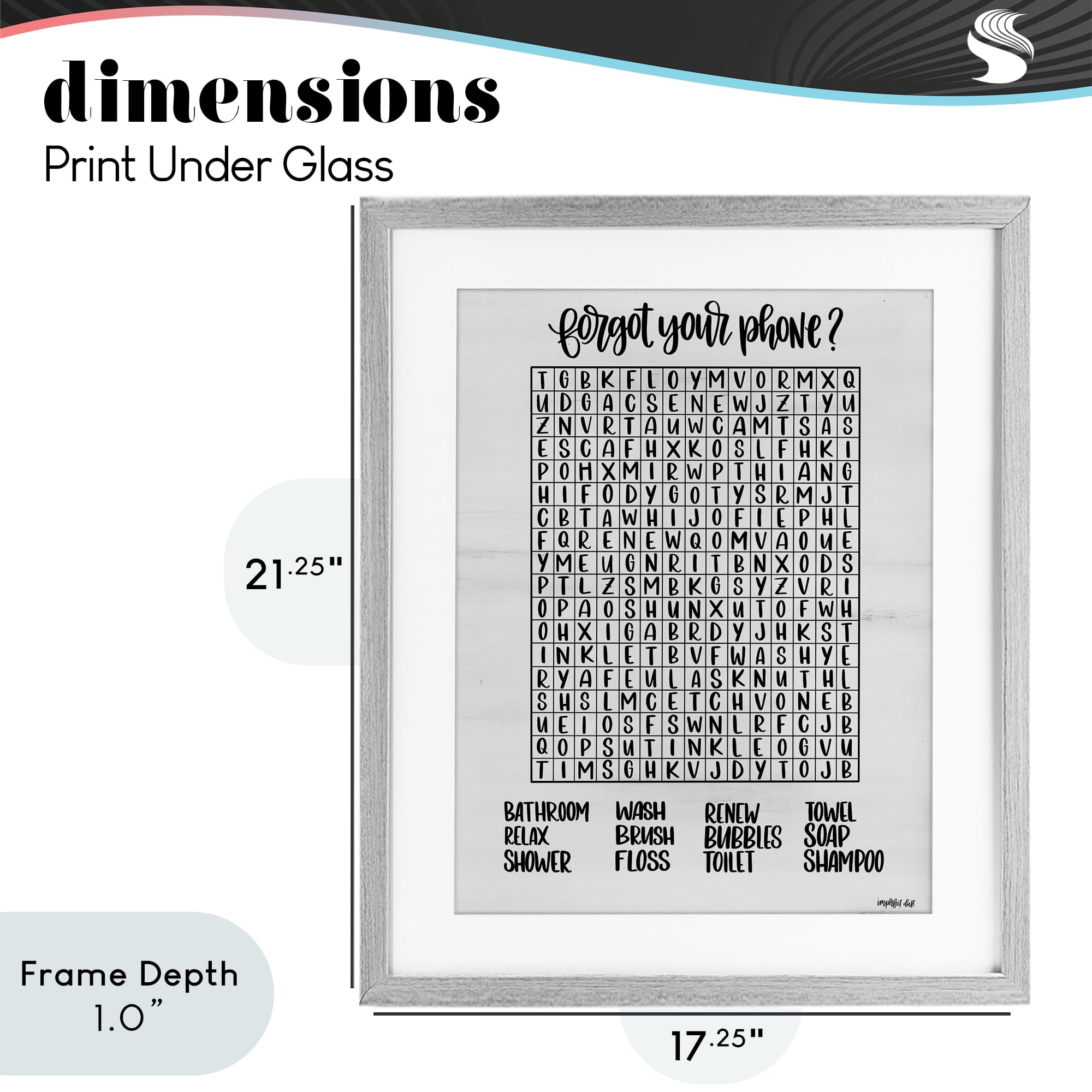Stupell Industries Forgot Phone Bathroom Wordsearch Gray Framed Print Under Glass, design by Imperfect Dust