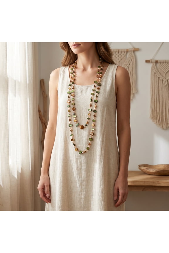 Bohemian Long Beaded Necklace, Layerable Tiger's Eye & Shell Chip Necklace for Women, Natural Stone Crystal Beaded Statement Necklace