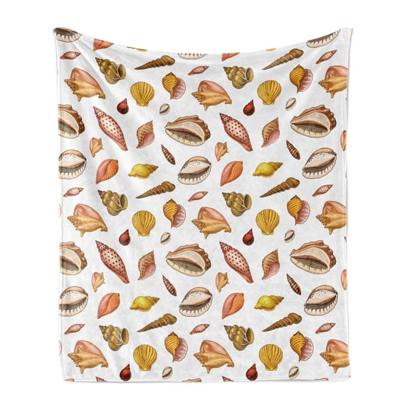 Nautical Soft Flannel Fleece Blanket, Retro Style Hand Drawn Like Depiction of Different Forms of Sea Shells, Cozy Plush for Indoor and Outdoor Use, 50" x 70", White and Multicolor, by Ambesonne