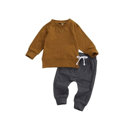

EYIIYE Infant Baby Boy Spring Fall 2Pcs Set Solid Color Skinny Long Sleeve Pullover Tops + Flexible Long Pants 0-24 Months