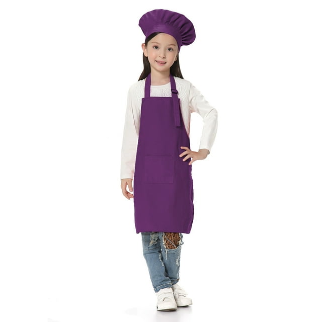 TOPTIE Kids Apron and Chef Hat Set, Adjustable Cotton Child Cooking Kitchen Apron, S-XXL-Purple-M