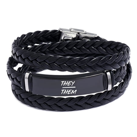 NB Pride Genderqueer Gender Identity Jewelry - Multiple Layered Wrap Leather They Them Pronoun Bracelet Non Binary Pronouns Bangle Cool Gifts, Black