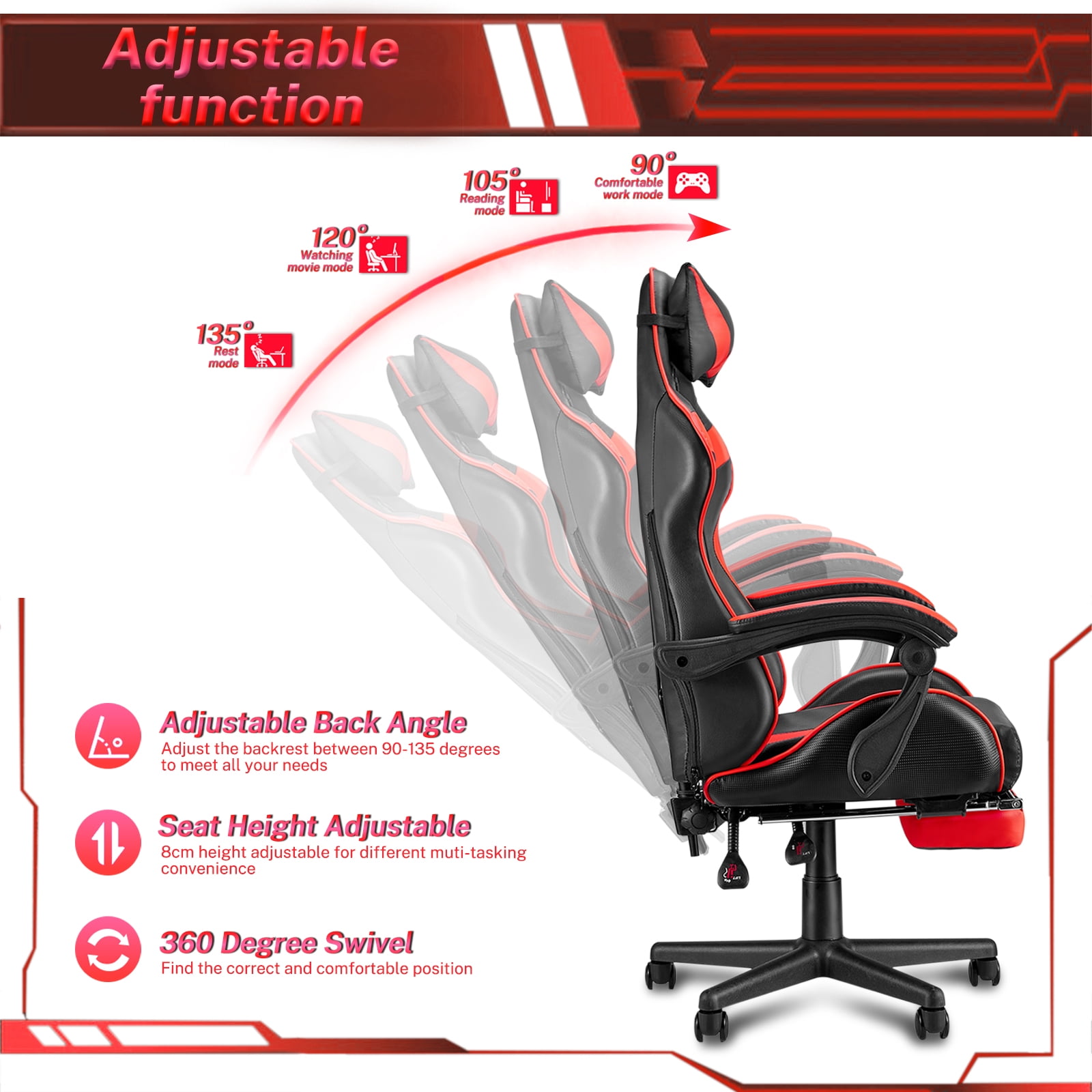 Luxvie Gaming Chair High Back Office Chair with Footrest, Headrest, Massage Lumbar Support Swivel Ergonomic Gamer Chair for Adults, Red