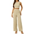 thumbnail image 2 of Unique Bargains Ensemble 2 Pcs pour Femmes Haut Court Sans Manches Pantalon Large Texturé Khaki m, 2 of 5