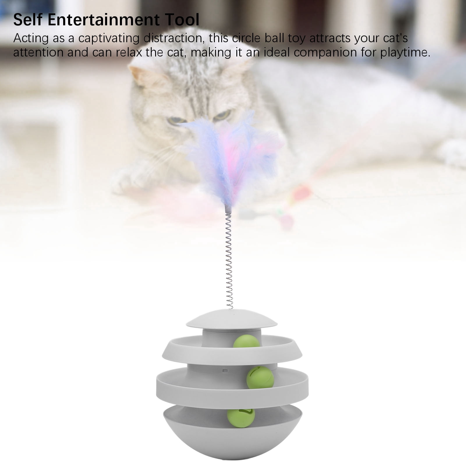 Yajisi Interactive Turntable Cat Tower Toy for Indoor Kittens, Roller Track with Balls & Teaser Wand, Puzzle Exercise Teaser, 8.66 inches / 22 cm, Light Gray