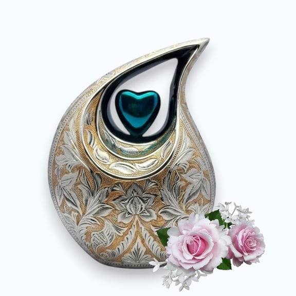 Large Teardrop Cremation Urn for Human Ashes Adult – Decorative Silver Floral Memorial Funeral Urns with Velvet Bag, 200 Cubic Inches