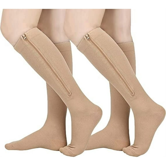 2 Pairs 15-20 mmHg Zipper Compression Socks Closed Toe Knee High Compression Stockings for Men & Women  Beige L/XL Size