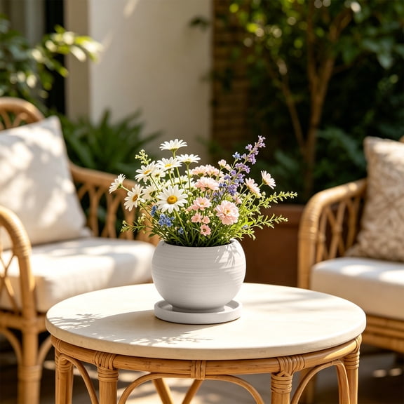 Ceramic Vase with Tray Spherical Striped Flower Pot Planter Desktop Flower Vase for Home Decor Matte Solid Color Tabletop Vase for Fresh Or Dry Flowers for Kitchen Office Shelf 5.71X5.71X4.13 inch