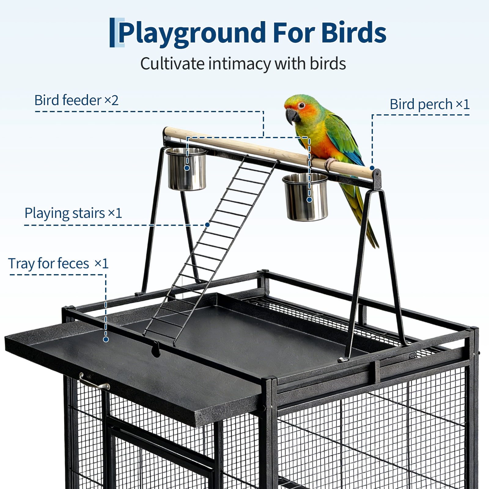 PYY 68-Inch Large Bird Cage for African Grey Parrots Macaws Cockatiels, Heavy Duty Wrought Iron Flight Cage with Play Top, Rolling Stand and Seed Guard, Black