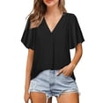 thumbnail image 2 of DondPO Tshirts Shirts for Women Short Sleeve Shirts Spring And Summer Stylish Elegant V Collar Tops Pleated Sleeve Blouse For Women Womens Tops Business Casual Tops Black L, 2 of 5
