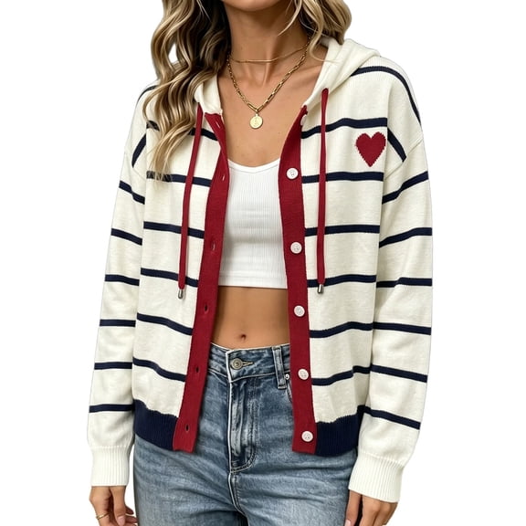 Women Hooded Button Striped Knit Long Sleeve Cardigan Sweater White & Blue S
