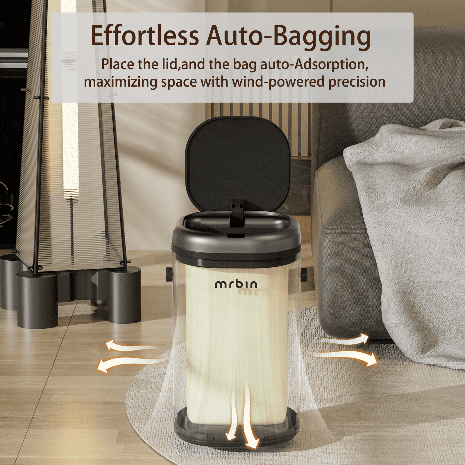 MRBIN Stainless Steel Adsorption Motion Sensor Trash Can Removable, 18L / 4.8gal Automatic Absorbing Bag Lidded Garbage Bin with Wheels, Waste Basket for Kitchen, Bathroom, Eclipse Grey