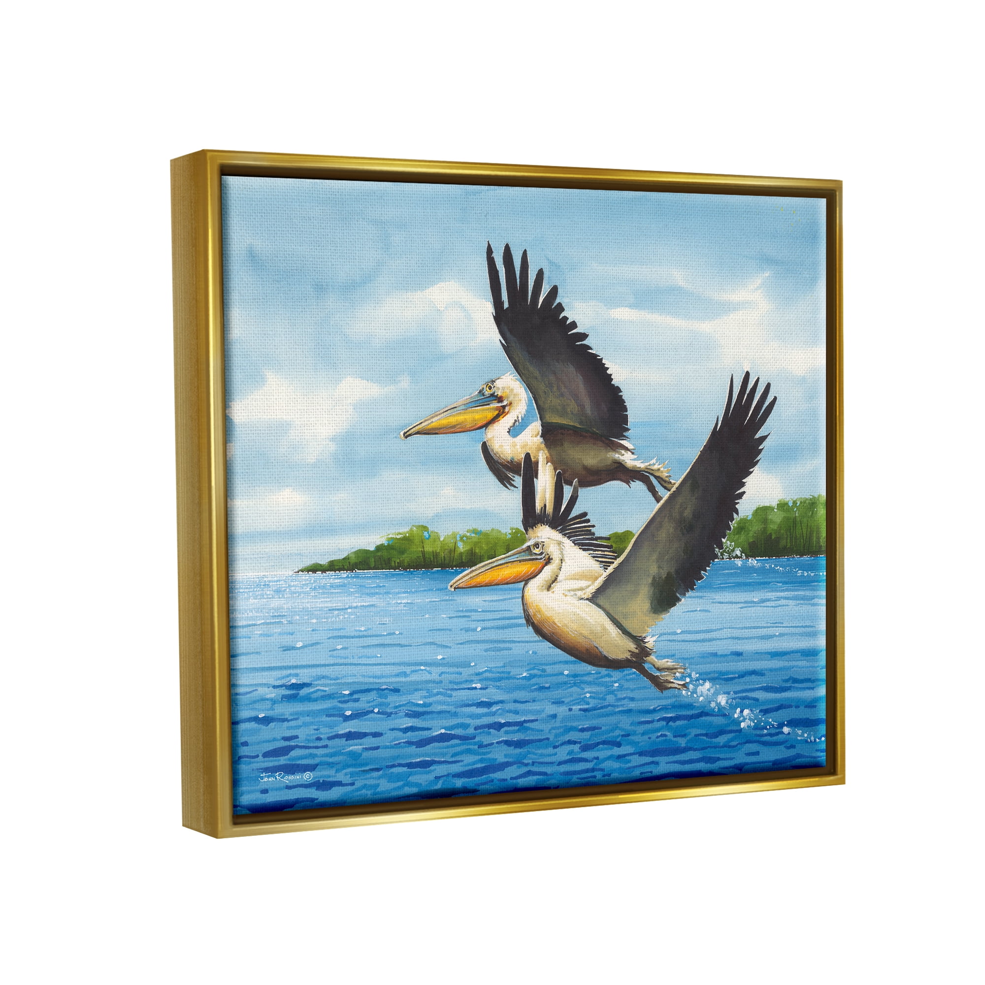 Stupell Industries Splashing Pelicans Flying Animals & Insects Painting Gold Floater Framed Art Print Wall Art, 31 x 25