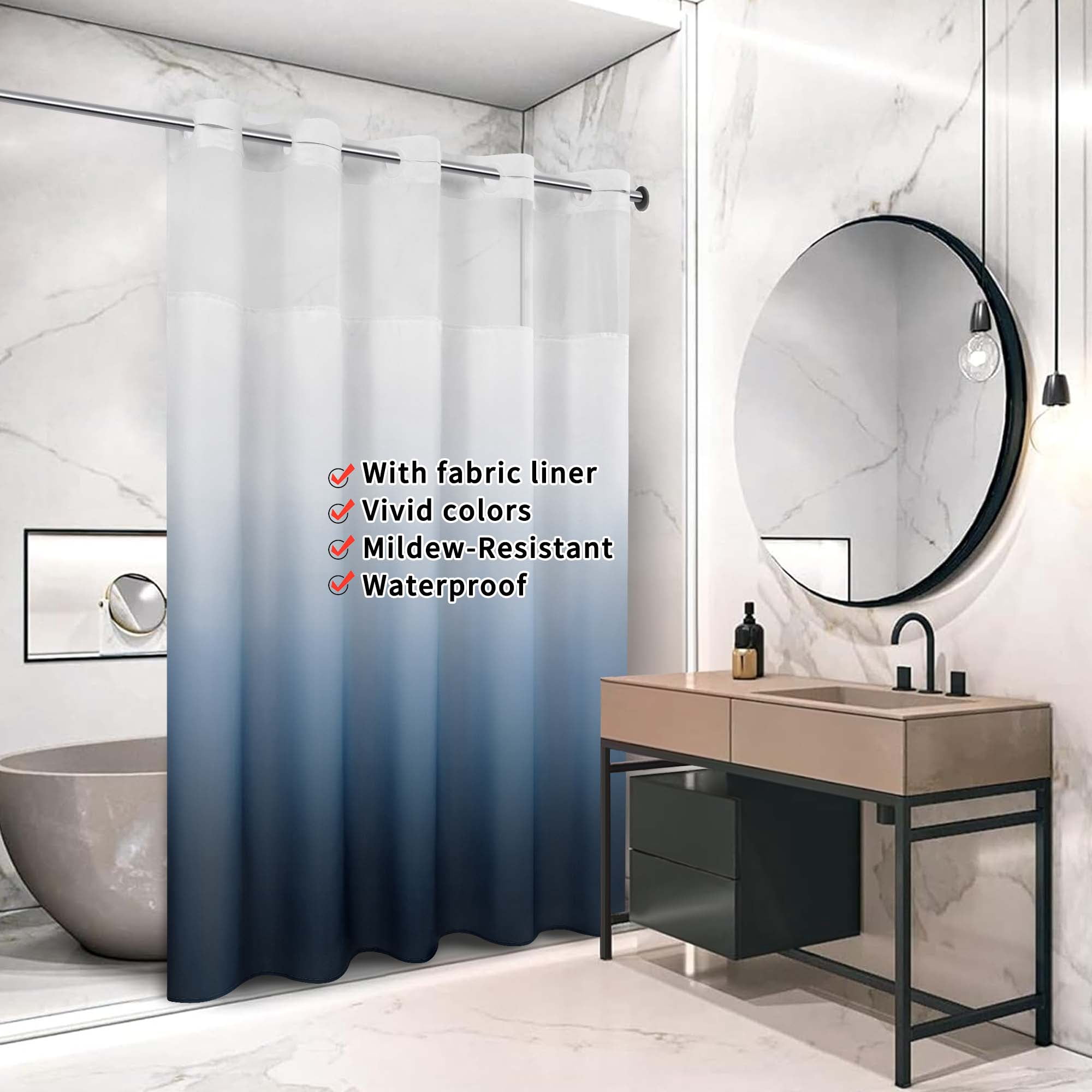 Ikfashoni Hookless Ombre Shower Curtain with Snap in Liner, Navy Gradient No Hook Waterproof Bath Curtain, 71"X74"