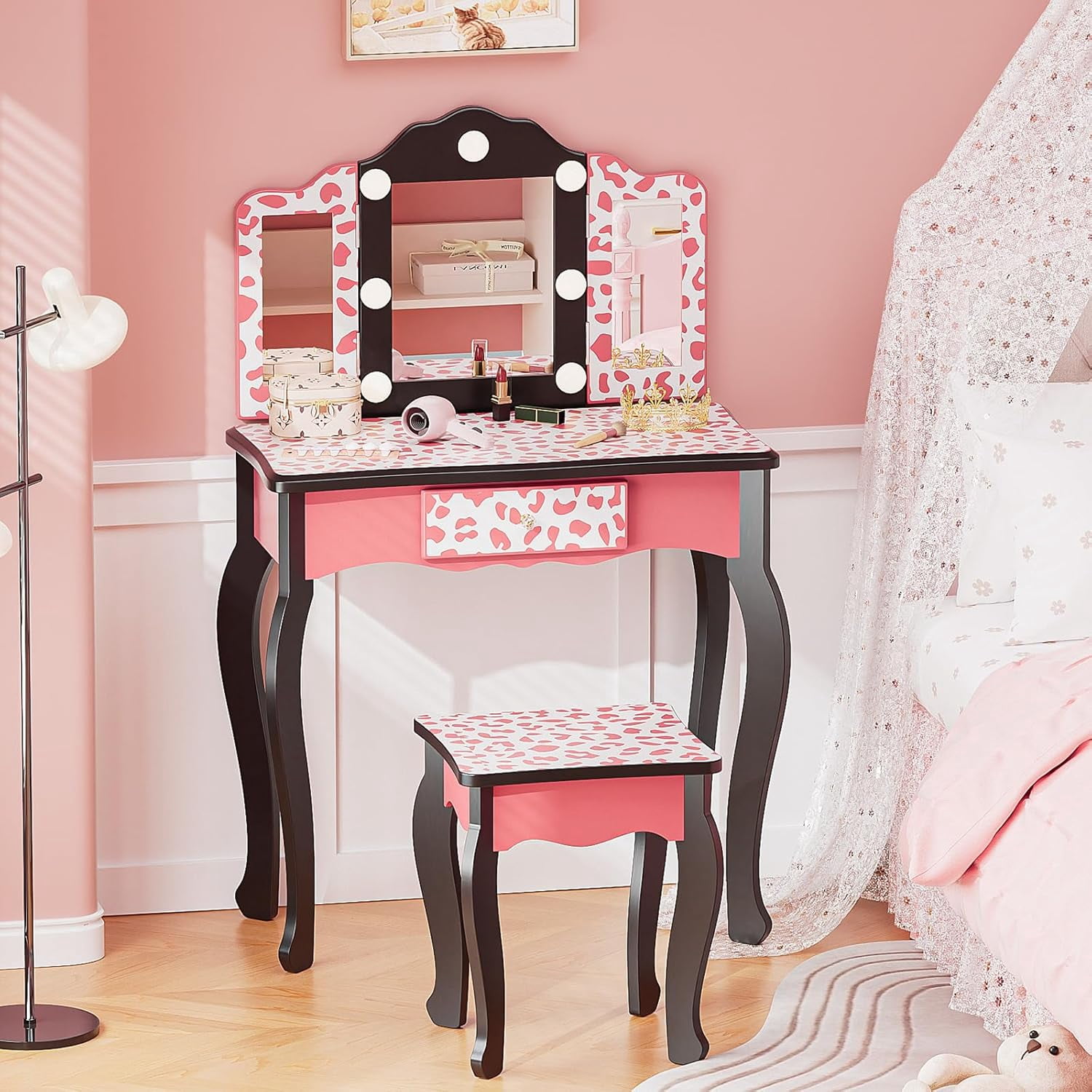 Matladin Kids Vanity Table and Chair Set with Leopard Print, Tri-Fold Mirror & Lights, Girls Vanity, Princess Makeup Desk for Girls