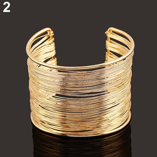 Yesbay Women's Multilayer Metal Wires Strings Open Bangle Wide Cuff  Bracelet-Golden