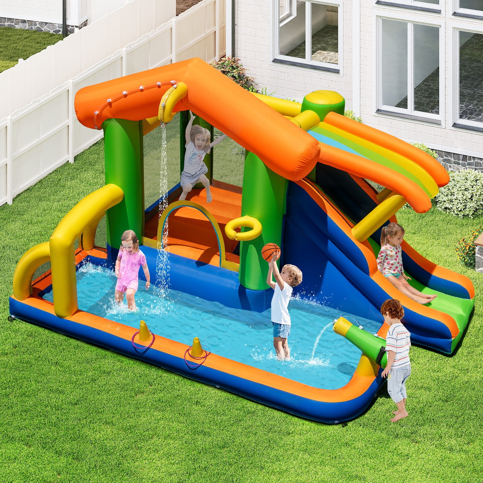 Costway 8-in-1 Multifunctional Water Park with Slide With Climbing Wall Water Cannon Blower Excluded