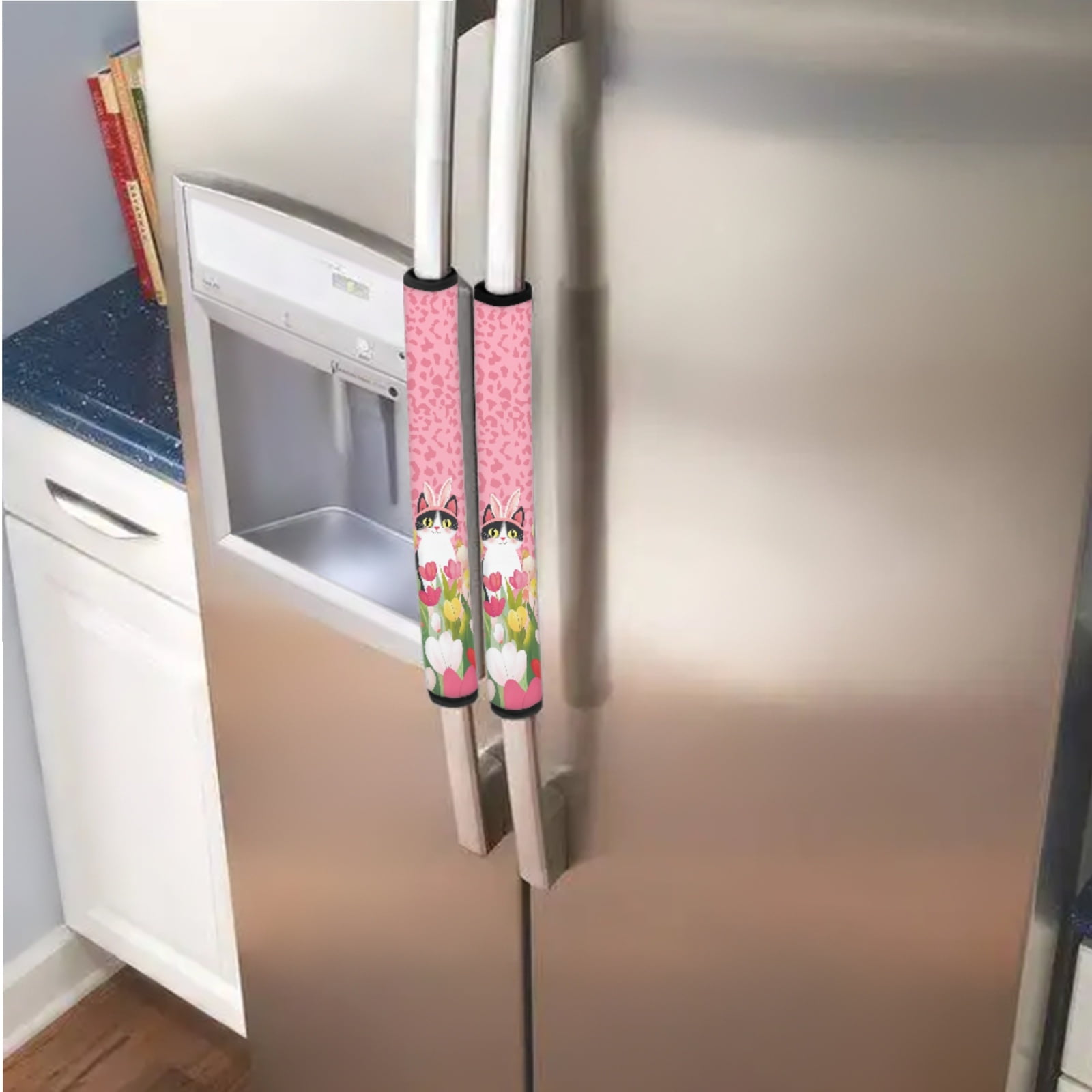 SEANATIVE 6 PCS Fridge Microwave Door Handle Covers Kitchen Appliance Decor Handles Washable Refrigerator Kitchen Cabinet Dishwasher Door Cloth Protector, Bunny Ear Cat Tulip Leopard Print Pink