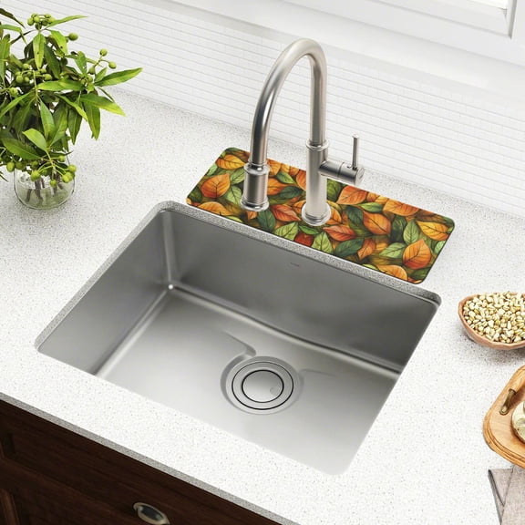 Yayeee Faucet Mat for Kitchen Sink 14.7" Diatomite Long Splash Guard Pad, Green Retro Leaves