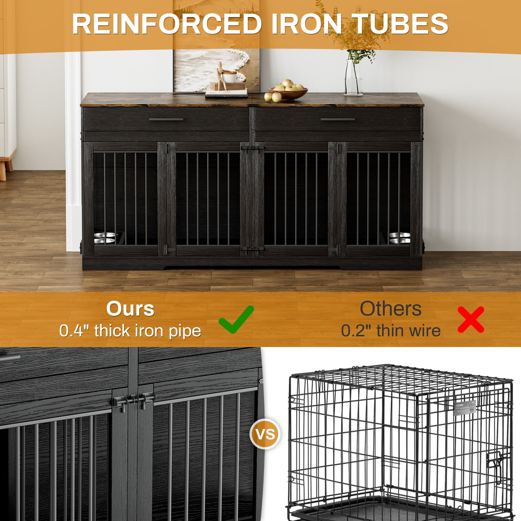 WIILAYOK 72.05" Dog Crate Furniture, Wooden Dog Kennel with 2 Drawers and 4 Dog Bowls, Heavy Duty Indoor Furniture Style Dog Cage House(Black Brown)
