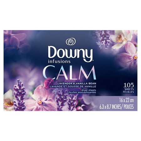 Downy Infusions Fabric Softener Dryer Sheets, Calm, Lavender & Vanilla Bean, 105