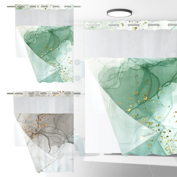 No Hook Shower Curtain with Snap-in Liner, Green Marble Fabric Bathroom Curtain, 72 x 74