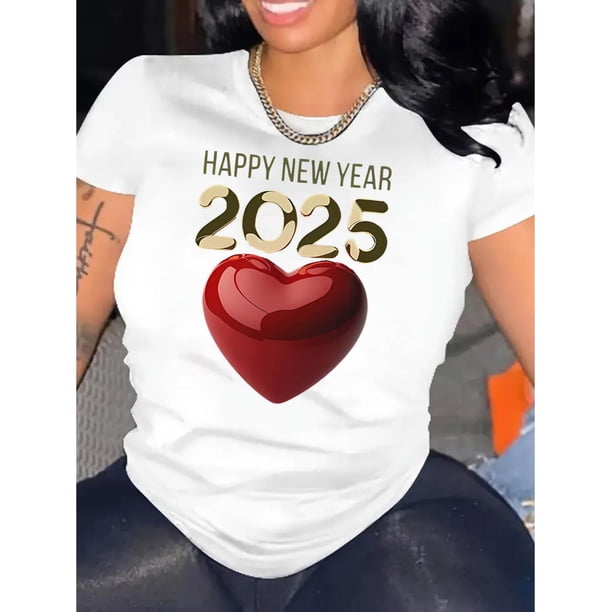 Playera estampada para mujer, divertida e inspiradora, novedosa, informal, de manga corta1pc Women'S Fashionable Crew Neck T-Shirt with Happy New Year 2025 Heart Print, Casual Geometric-Patterned Sh