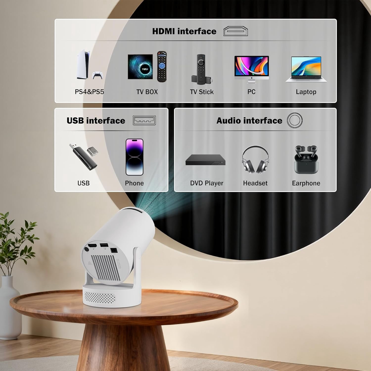 Projector with Wifi , 4K Portable Projector 200 ANSI Lumens Auto  180 Rotatable 5W Speaker for Outdoor Bedroom
