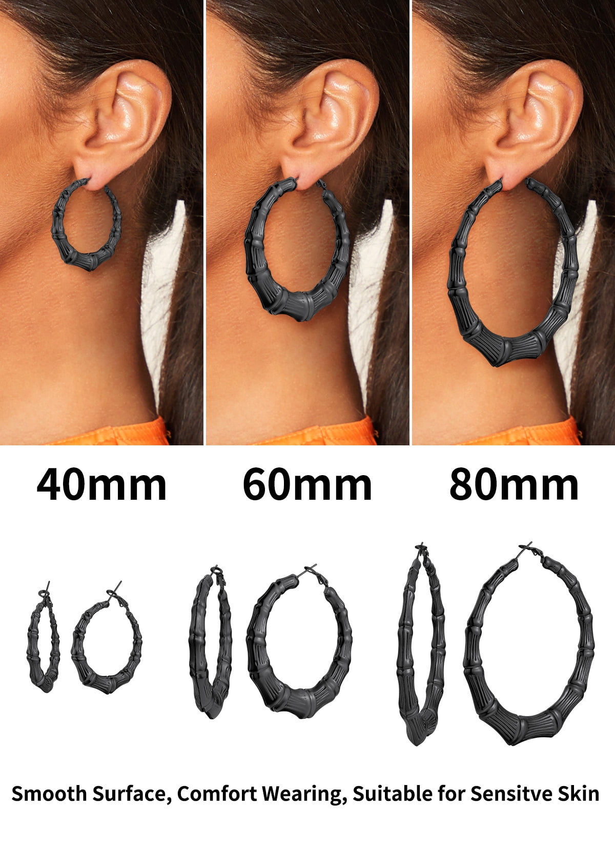 ChainsHouse Bamboo Hoop Earrings for Women Black Hypoallergenic Chunky Earring Stainless Steel Birthday Christmas Anniversary Jewelry Gift