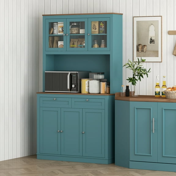 HOMCOM 71" Tall Kitchen Pantry Storage Cabinet with 2 Drawers, Microwave Cabinet with Adjustable Shelves and Glass Doors, Green
