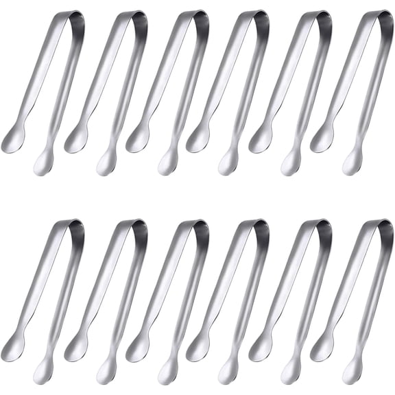ZHUYING 12 Pcs Serving Tongs, Small Serving Utensils for Parties Catering Gold Tongs, Food-Grade 304 Stainless Steel Mini Appetizer Tongs for Tea Party Coffee Bar, 4" Sugar Tongs - Sliver
