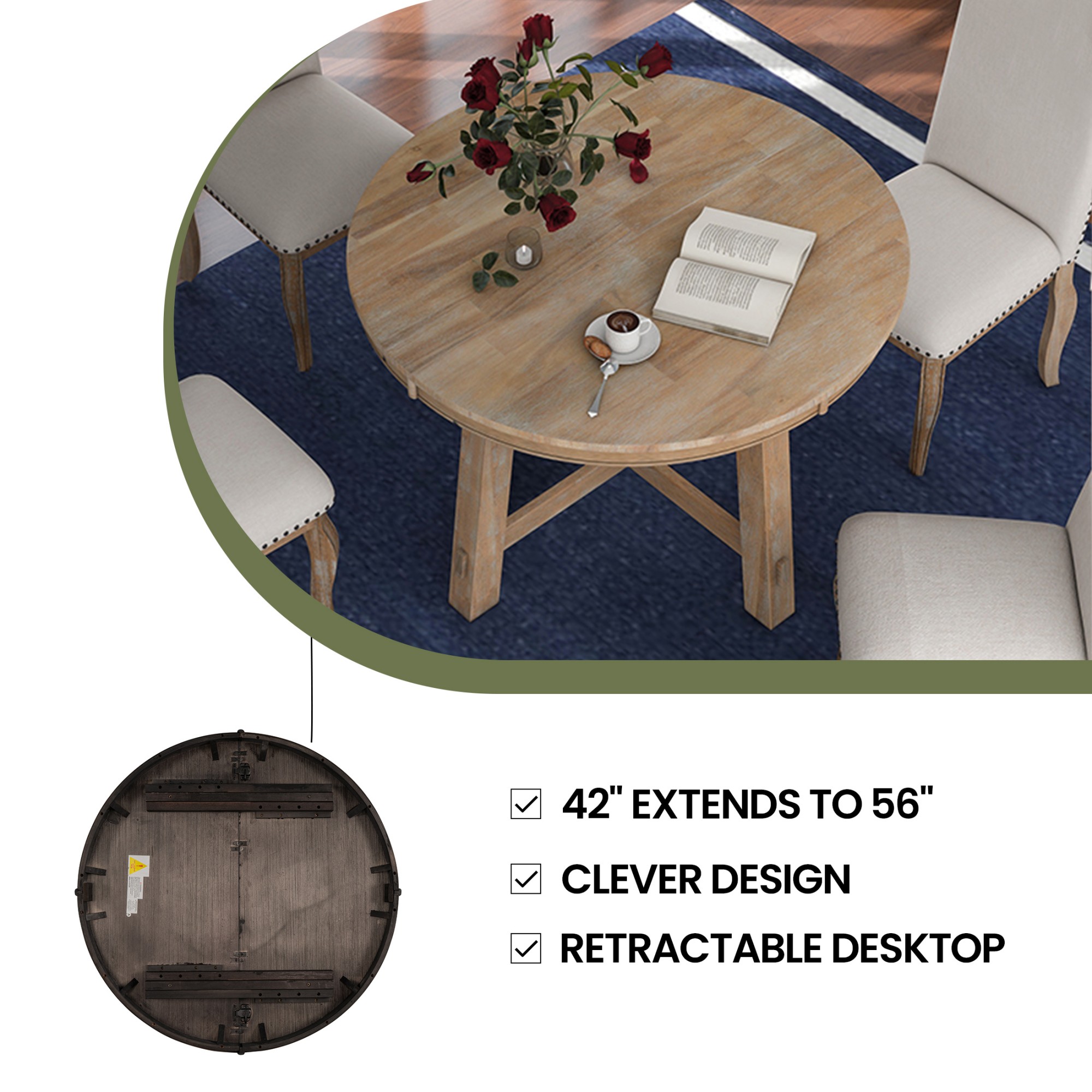 Aukfa Dining Table for 4-6, 42"-58" Extendable Round Kitchen Table with 16" Rustic Drop Leaf for Dining Room/Living Room, Natural Wood