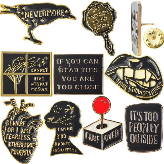 9pcs Funny Enamel Pins Pack Cool Novelty Alloy Mixed Heart Larks Mirror Warning Sign Brooch Lapel Pins Decorative Accessories for Adult Teens Backpack Jacket Clothes Hat Bag