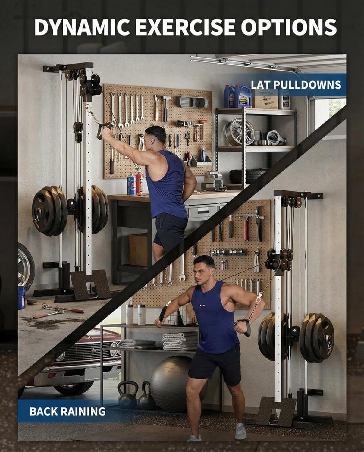 Dual Pulley Wall Mount Cable Machine for Home Gym, LAT Pulldown & Crossover Station with 18 Adjustable Positions, 400LB Capacity Multifunctional Strength Training Equipment