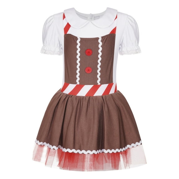 YiZYiF Kids Girls Gingerbread Man Dress-Up Stripes Ruffled Tutu Leotard Dance Dress Party Wear Brown 10